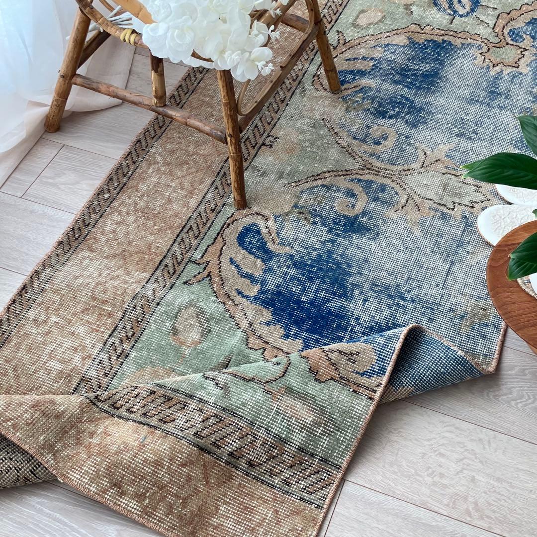 デニムブルー✳︎72×188 ベージュ　ロング　ランナー　トルコヴィンテージラグ