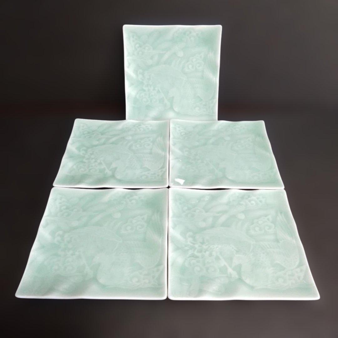 新品 伊万里鍋島焼 大秀窯 青磁角銘々皿5枚　鳳凰柄　　お祝い　縁起物