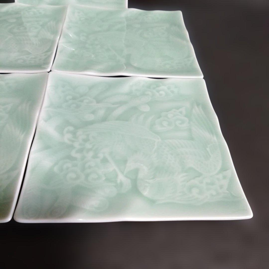 新品 伊万里鍋島焼 大秀窯 青磁角銘々皿5枚　鳳凰柄　　お祝い　縁起物