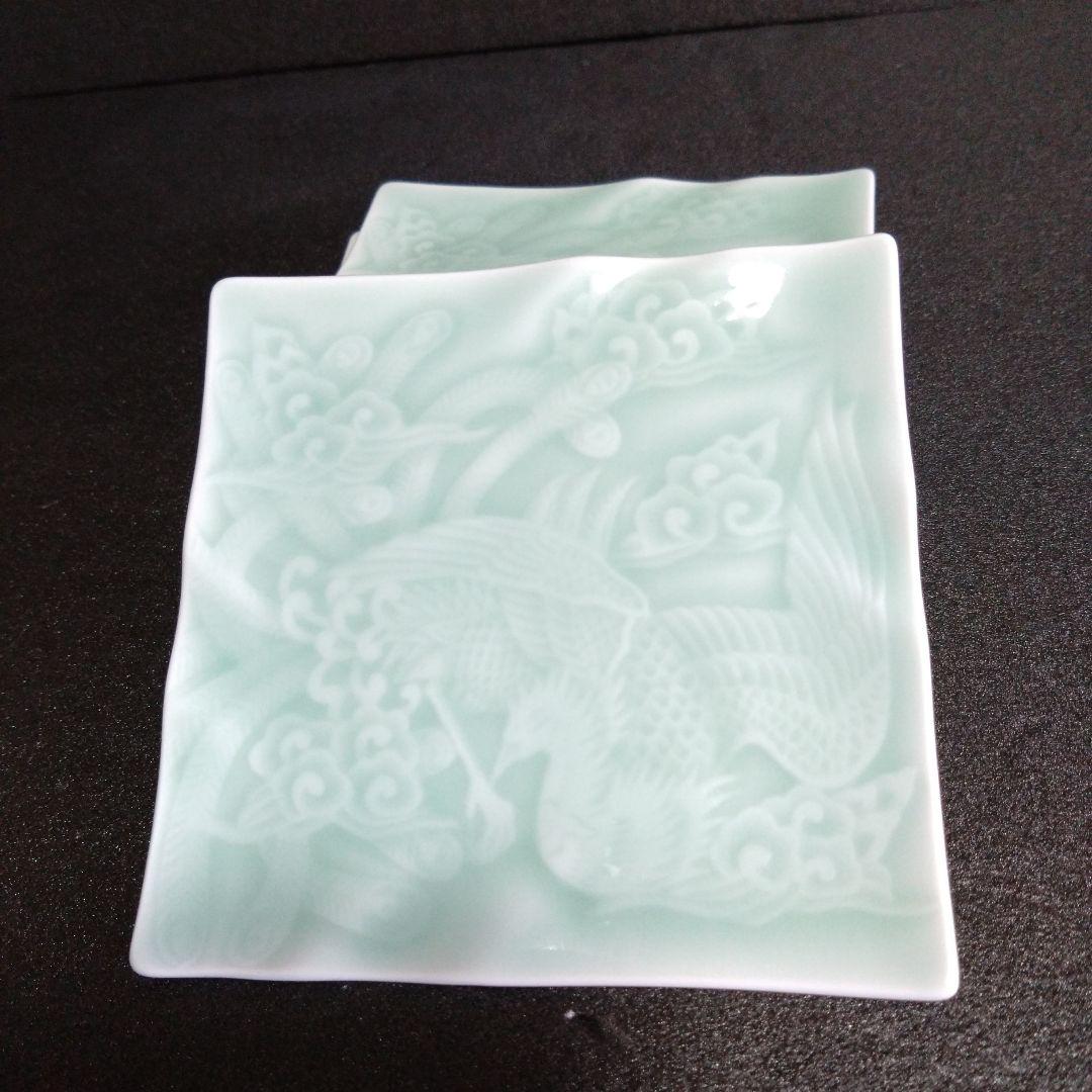 新品 伊万里鍋島焼 大秀窯 青磁角銘々皿5枚　鳳凰柄　　お祝い　縁起物