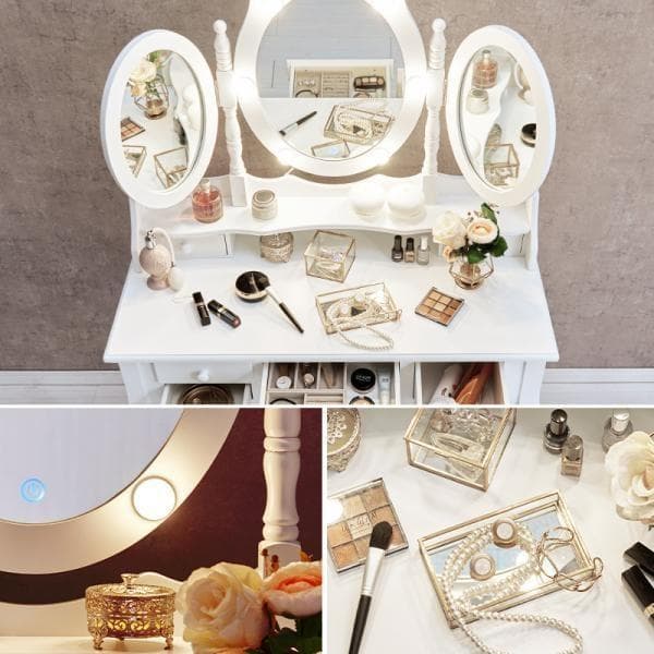 姫系女優ミラーLEDライト【3面鏡】おしゃれドレッサー＆スツールセット