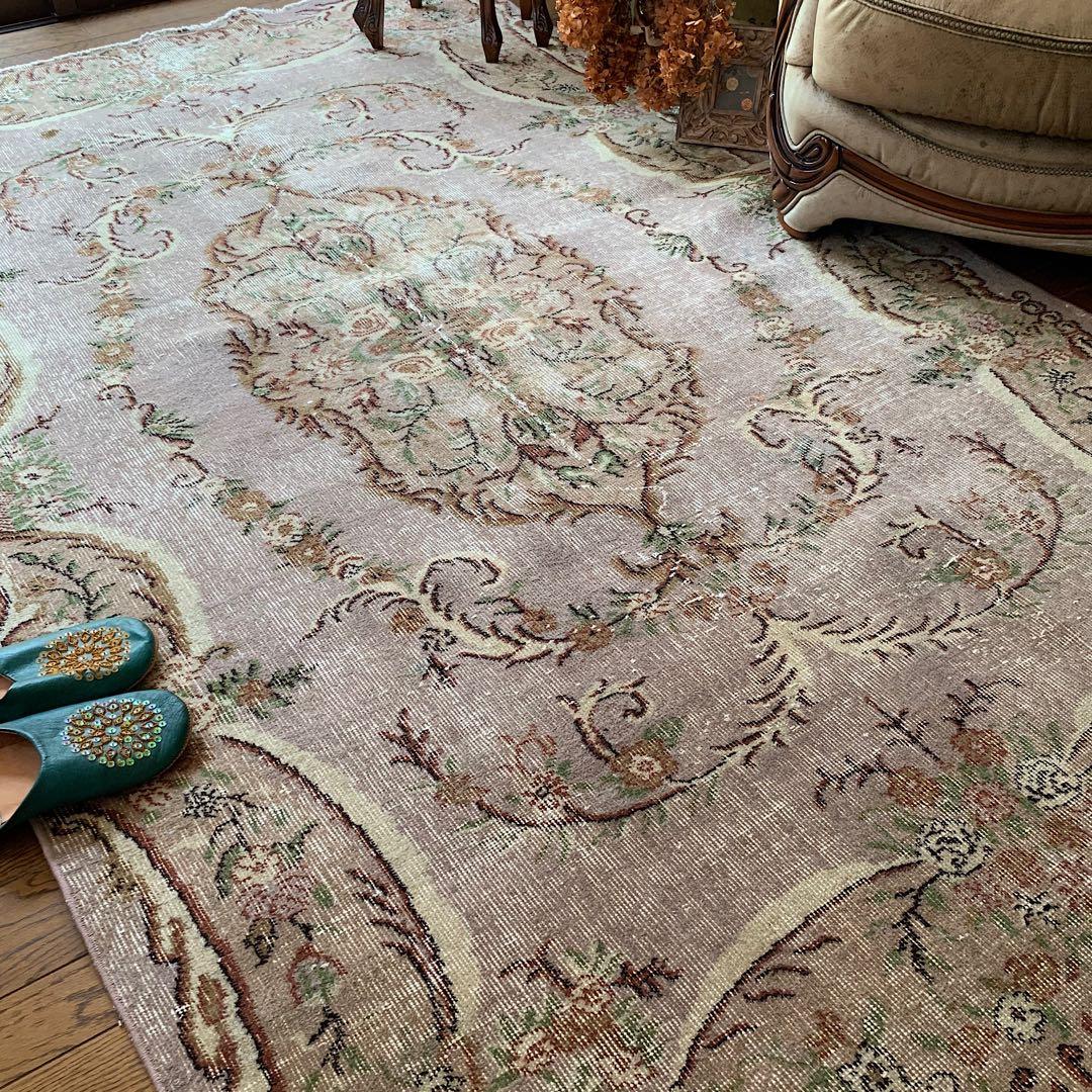 超大判　薔薇　モーヴグレー　241×144 シャビー　トルコ　ヴィンテージラグ