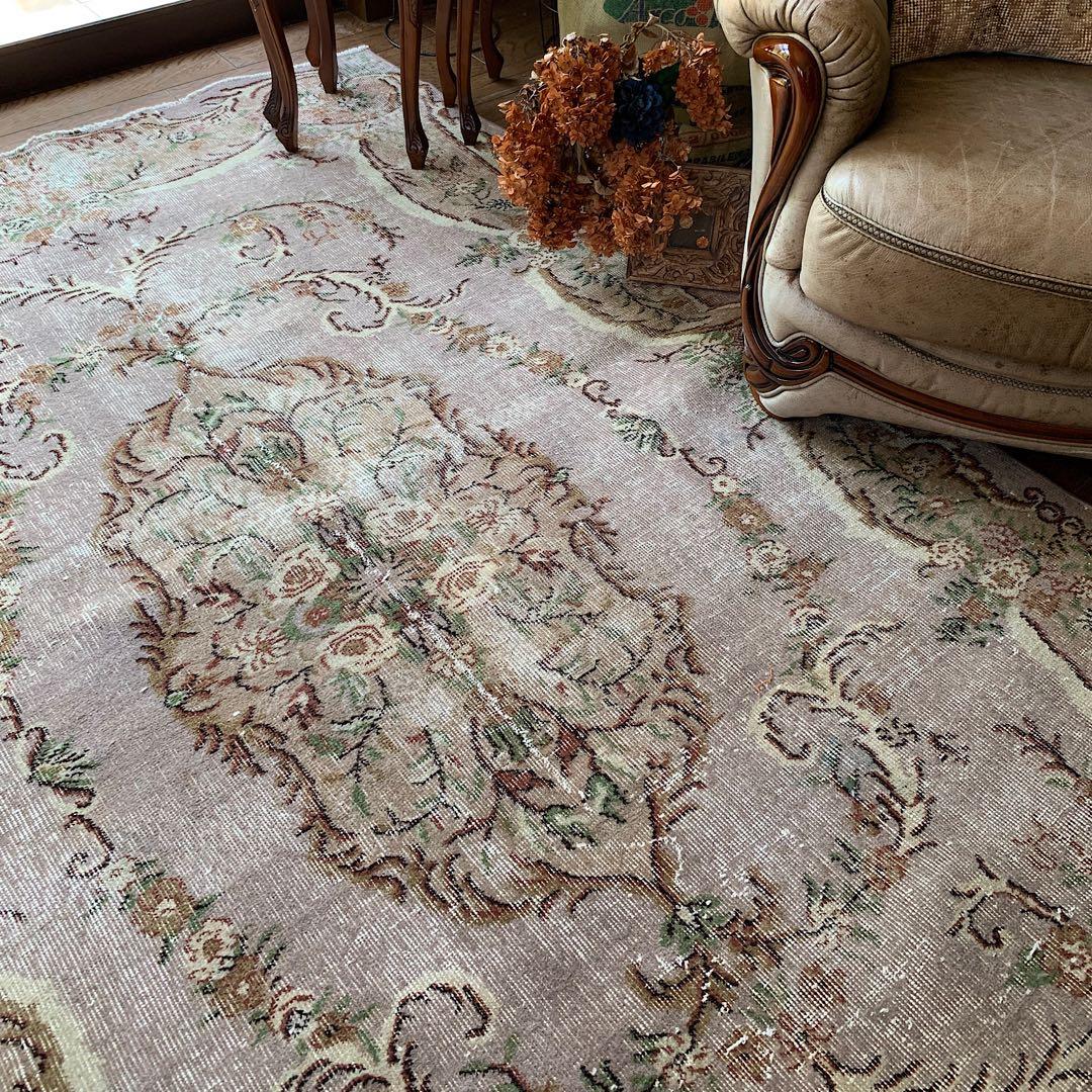 超大判　薔薇　モーヴグレー　241×144 シャビー　トルコ　ヴィンテージラグ