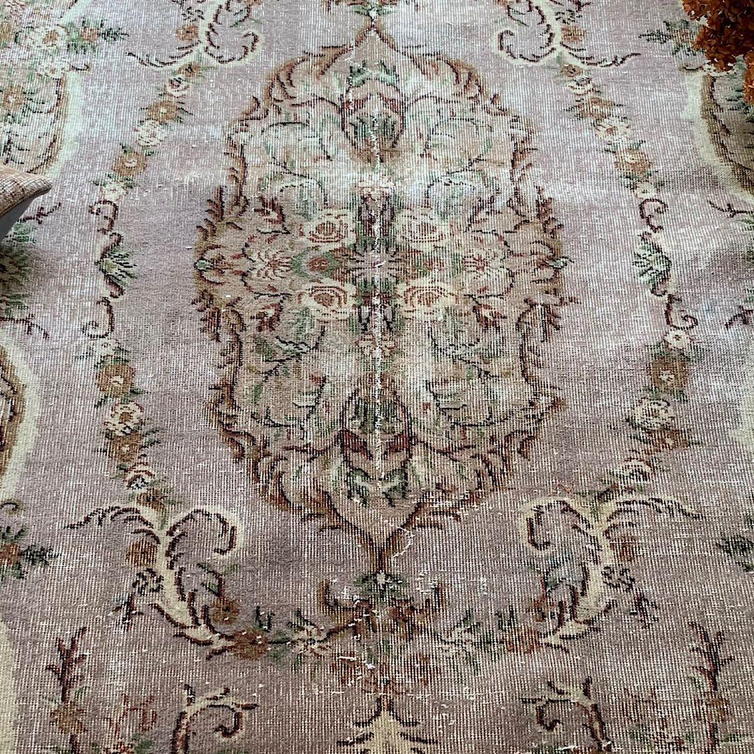 超大判　薔薇　モーヴグレー　241×144 シャビー　トルコ　ヴィンテージラグ