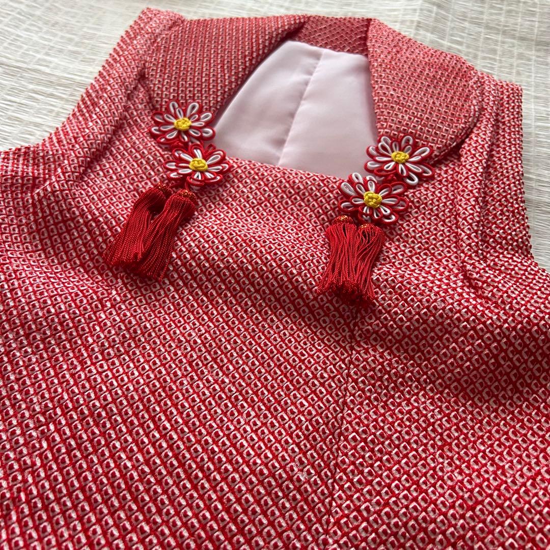 未使用品 七五三 3歳 着物 赤 総絞り 753 絹 被布 三歳 赤 草履 巾着