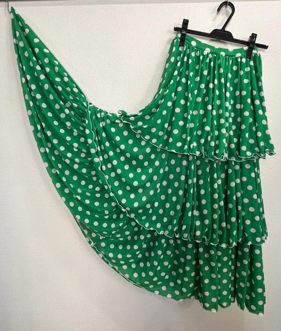 フラメンコ衣装 ツーピース+スカーフ グリーン×白水玉 ストレッチ フリル 軽量