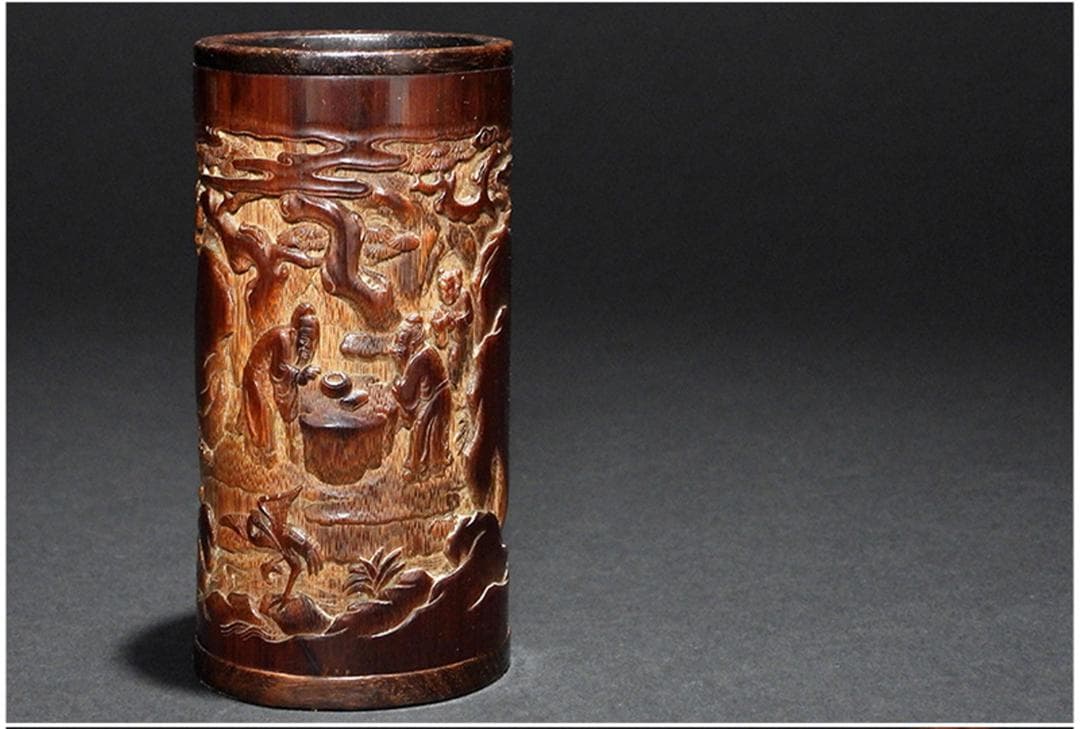 中国美術 古竹 彫刻 風景 賢人 図 筆筒 筆立/文房具書道具筆墨紙硯