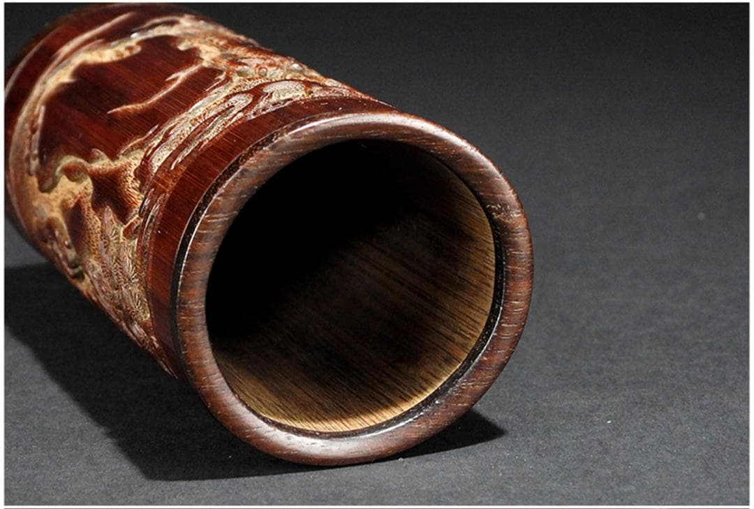 中国美術 古竹 彫刻 風景 賢人 図 筆筒 筆立/文房具書道具筆墨紙硯