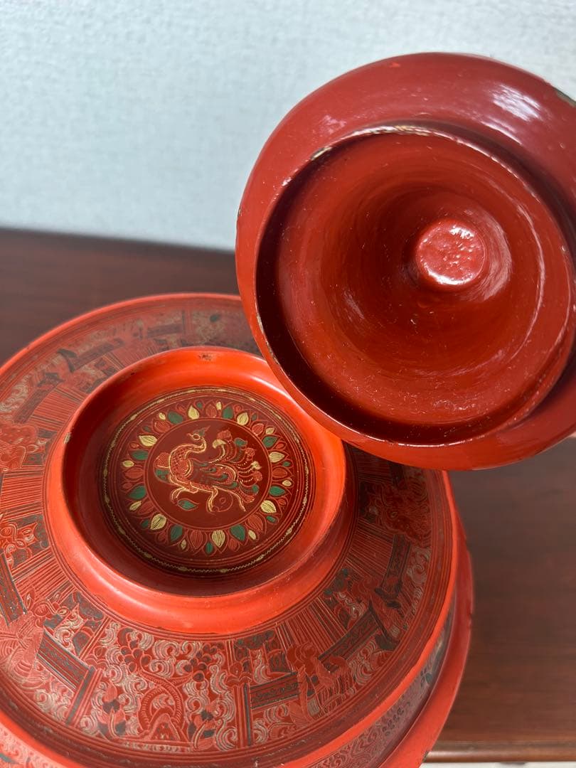 ミャンマー アンティーク 漆器 蒟醤 仏塔形 供物器 高さ約41cm ※31※