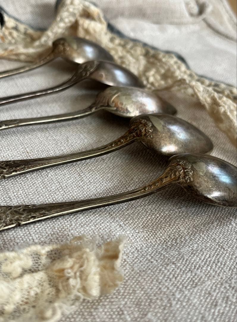 ◆最終SALE◆フランスアンティーク銀5本刻印ティースプーンデザート白銀シルバー