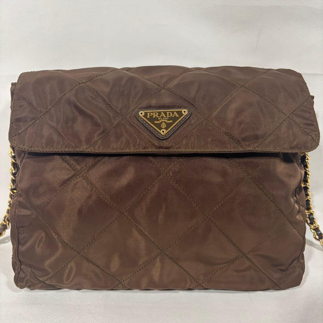 プラダ ショルダーバッグ 肩掛け チェーン キルティング 三角ロゴ ブラウン