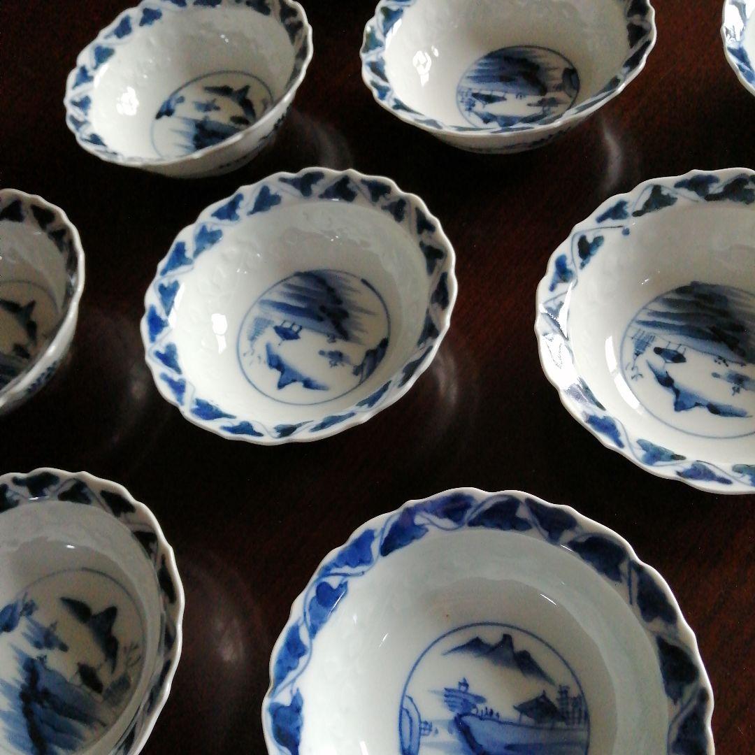 伊万里　染付輪花縁小鉢　9客　13cm　大正〜昭和初期