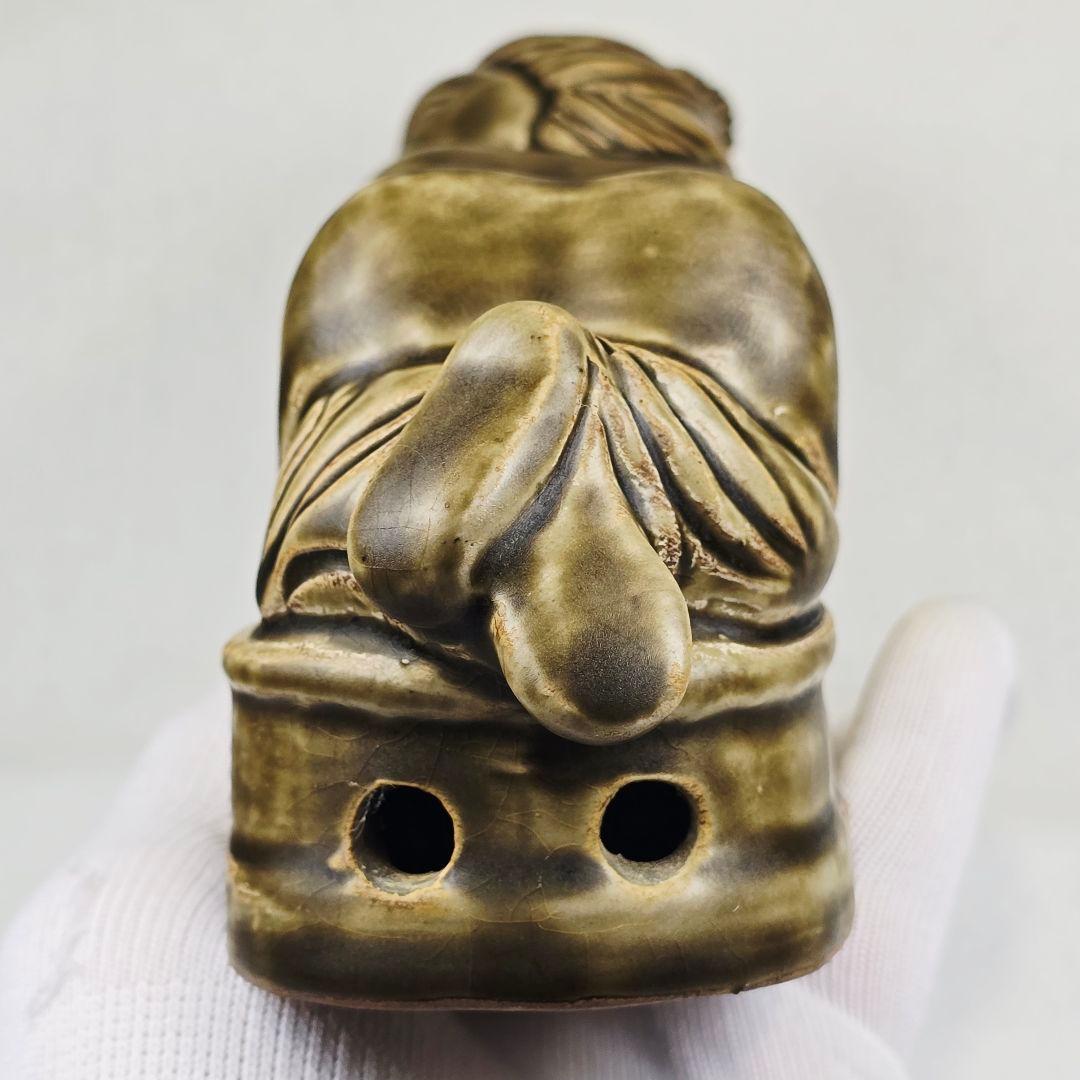 舶来品 中国古磁 越窯青磁 堆彫 唐代仕女紋 磁枕 脈枕 置物 美品