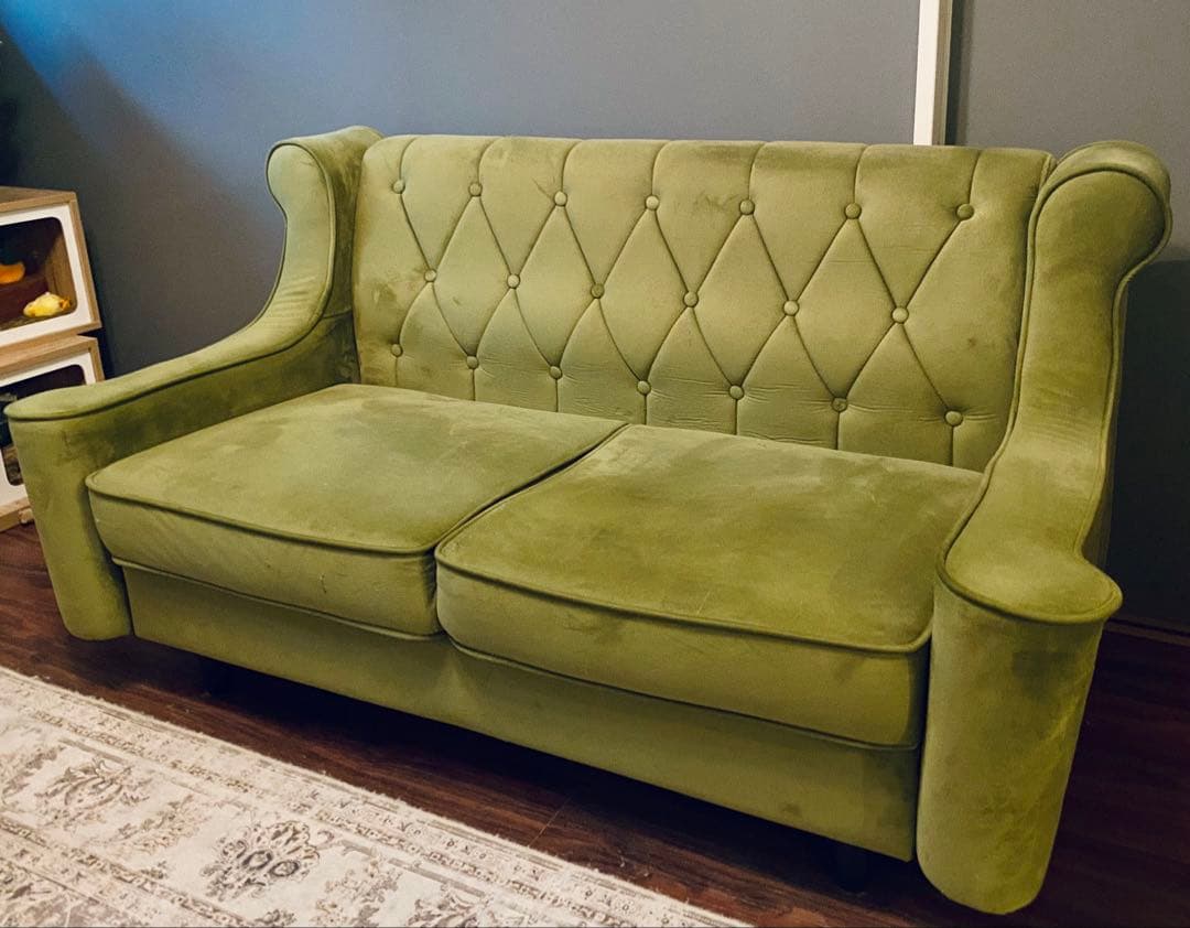 【送料込】アンティーク調 2人掛けソファ 2WAY仕様・オリーブグリーン