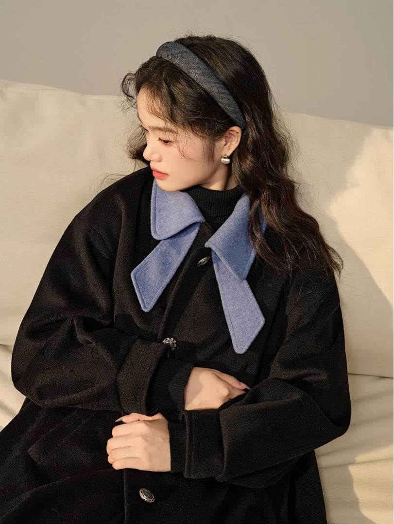 kuose ボウカラーコート　リボンカラー　水色　黒　配色　バイカラー