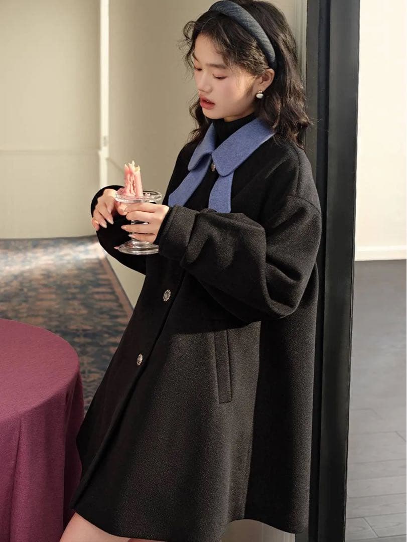 kuose ボウカラーコート　リボンカラー　水色　黒　配色　バイカラー