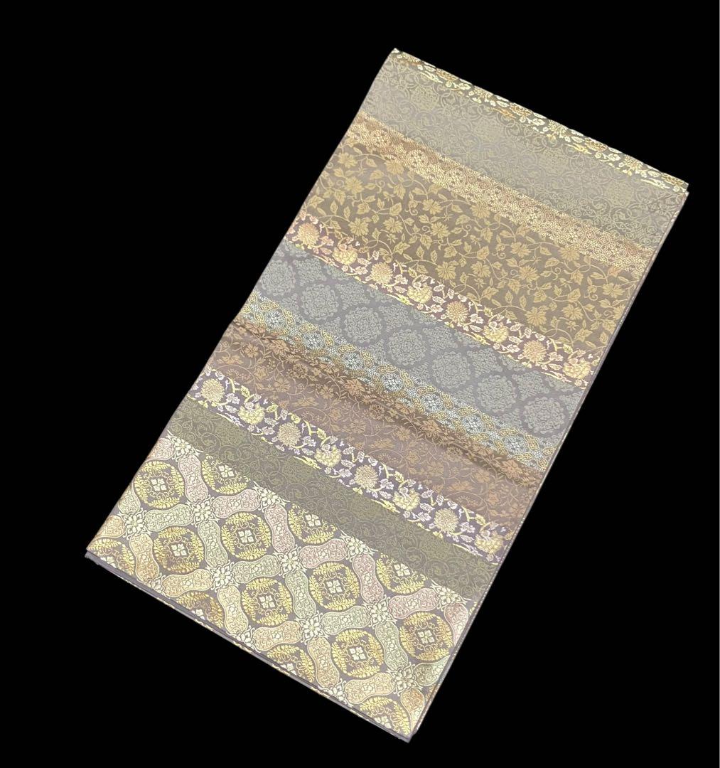 箔屋清兵衛 袋帯 双図柄 名物裂文様 全通日本の心 共箱 未使用 錆紫イ6305