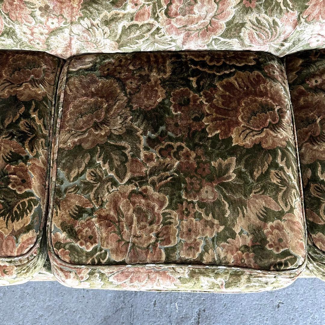✦70s✦ karimoku ソファー 花柄ベルベット × 重厚ウッドアーム
