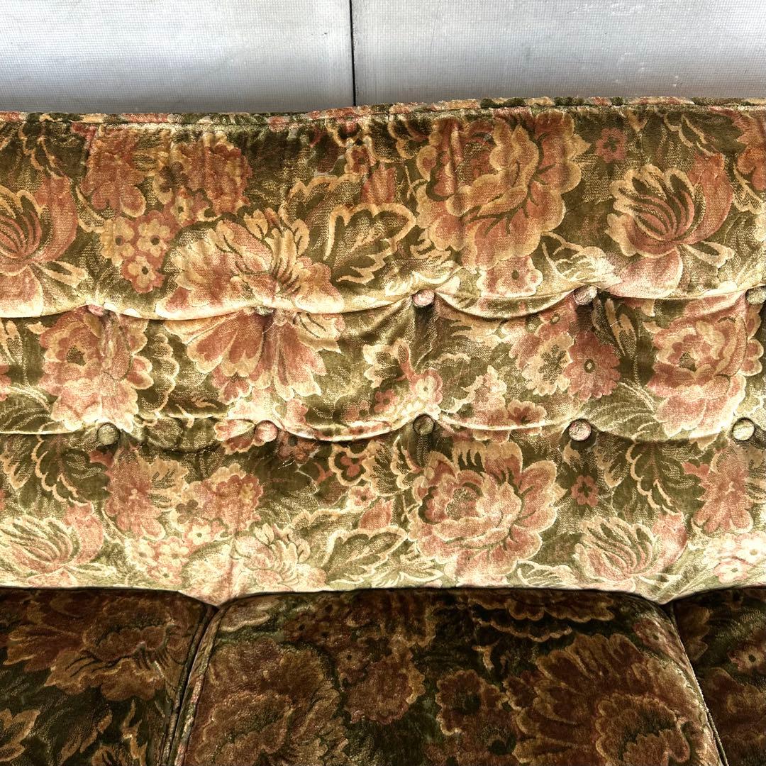 ✦70s✦ karimoku ソファー 花柄ベルベット × 重厚ウッドアーム