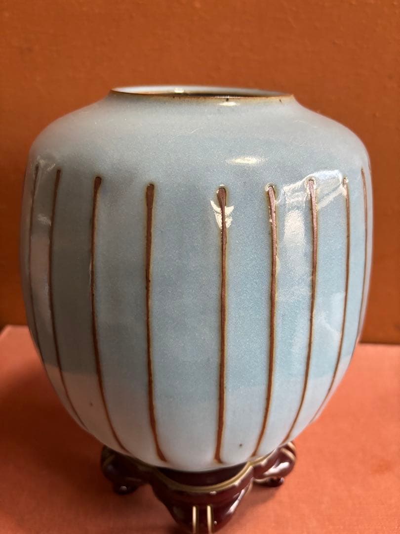 人間国宝重要無形文化財中島宏作青瓷刻線文瓶　未使用　検均