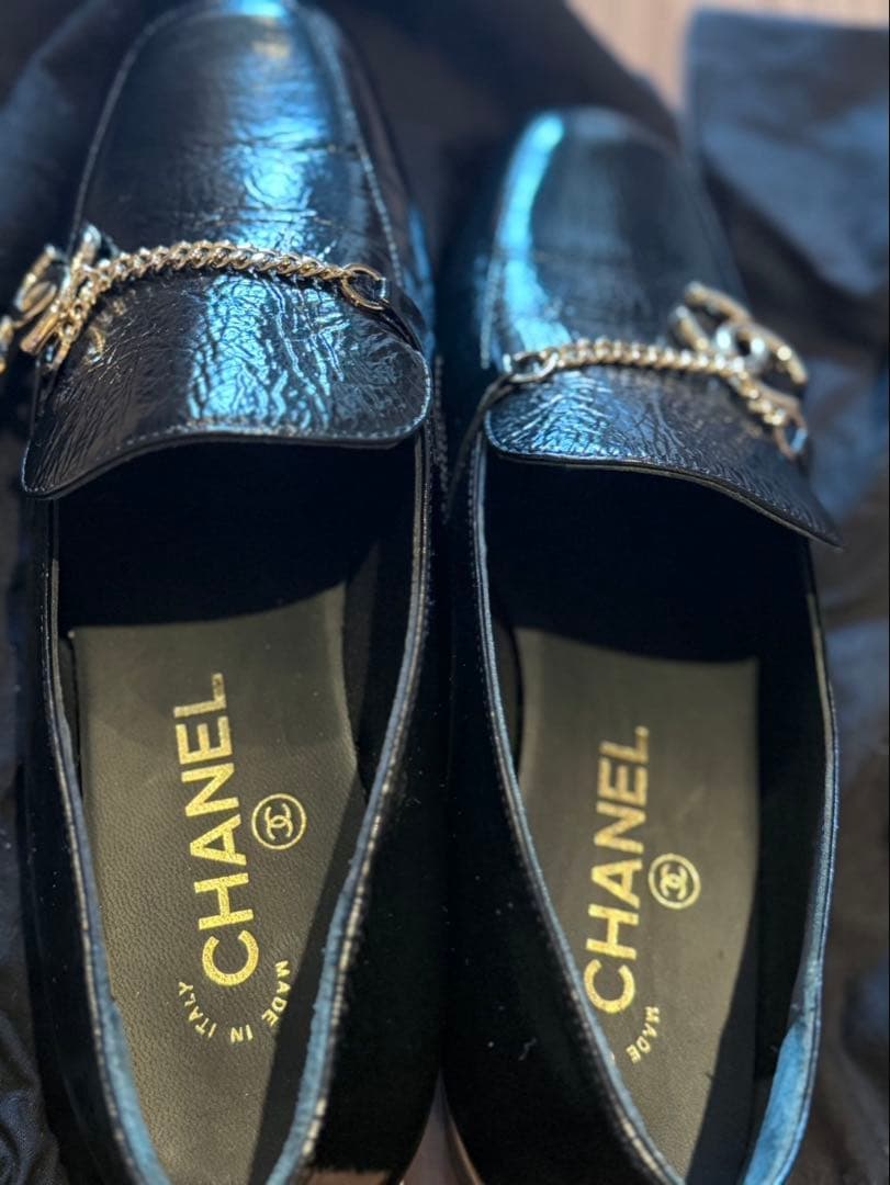 CHANEL レザー ローファー チェーン CCロゴ ブラック サイズ37C