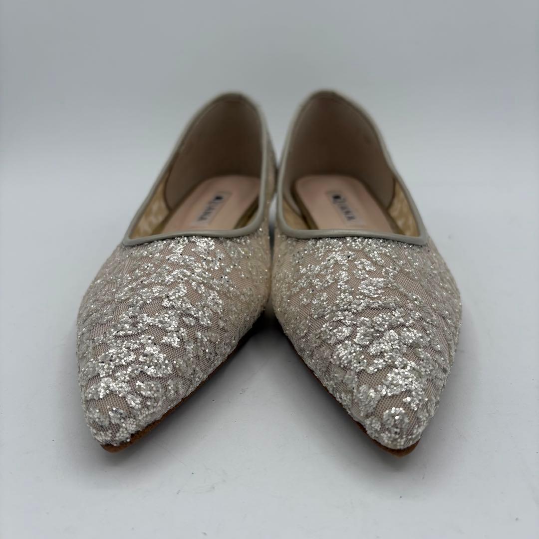 【未使用級】ダイアナ　シルバー グリッター フラットシューズ ブライダルシューズ