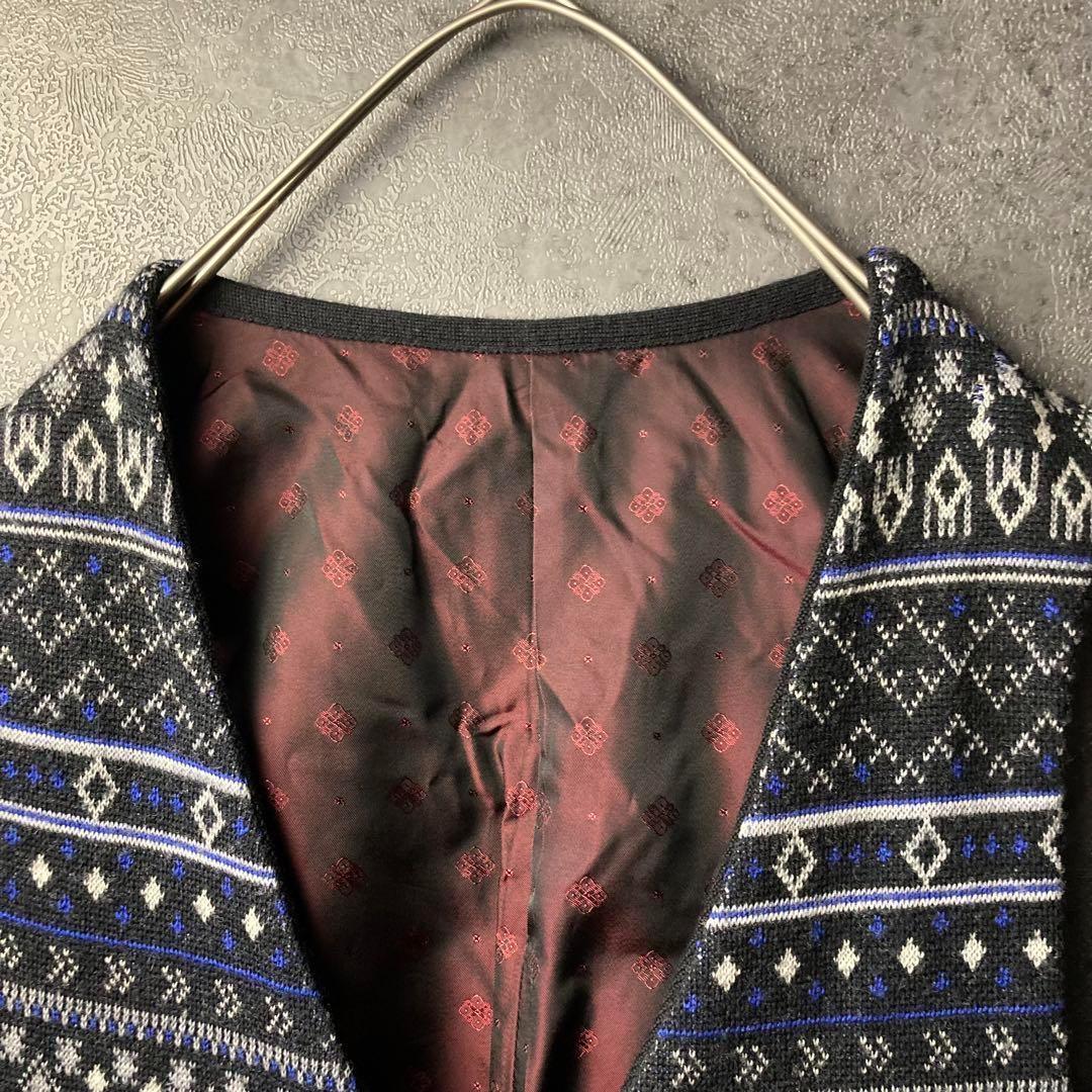 ヴィンテージ　ニットベスト　紺　総柄　裏地　デザイン　古着　レトロ