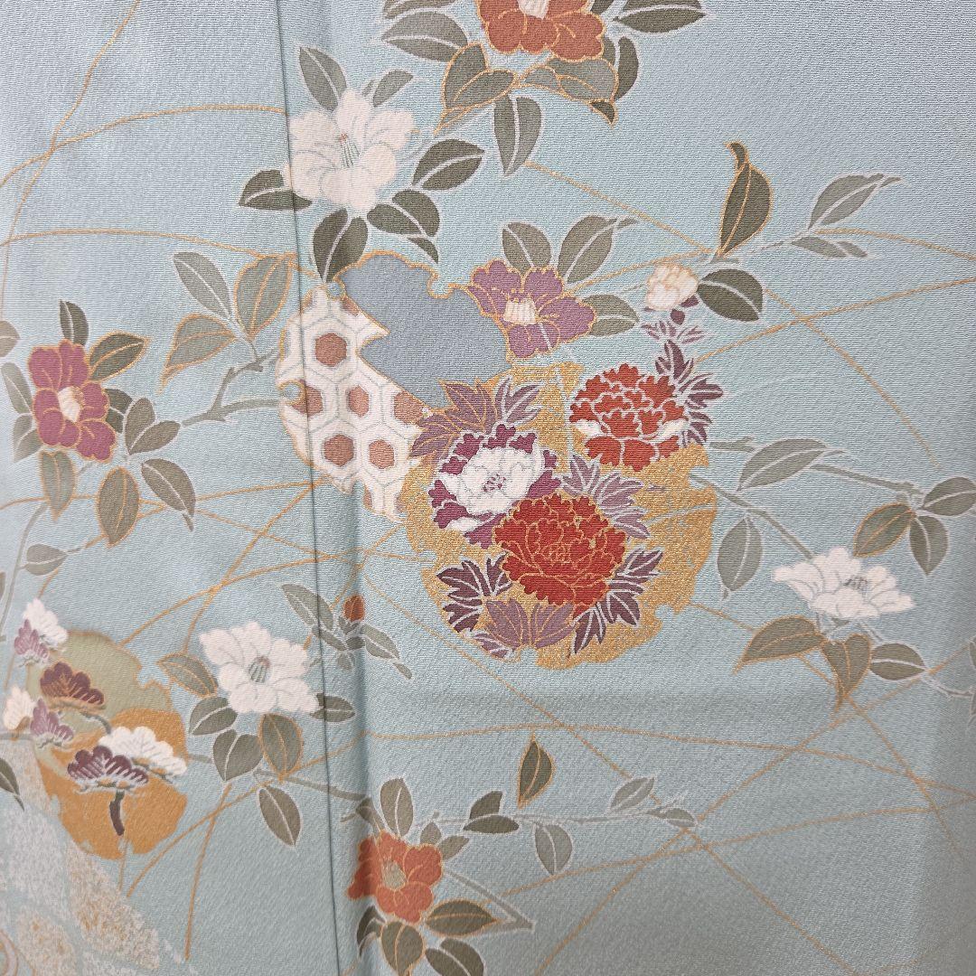 しつけ糸付き未使用水色訪問着4点フルセット、着物、袋帯、帯締め、帯揚げ