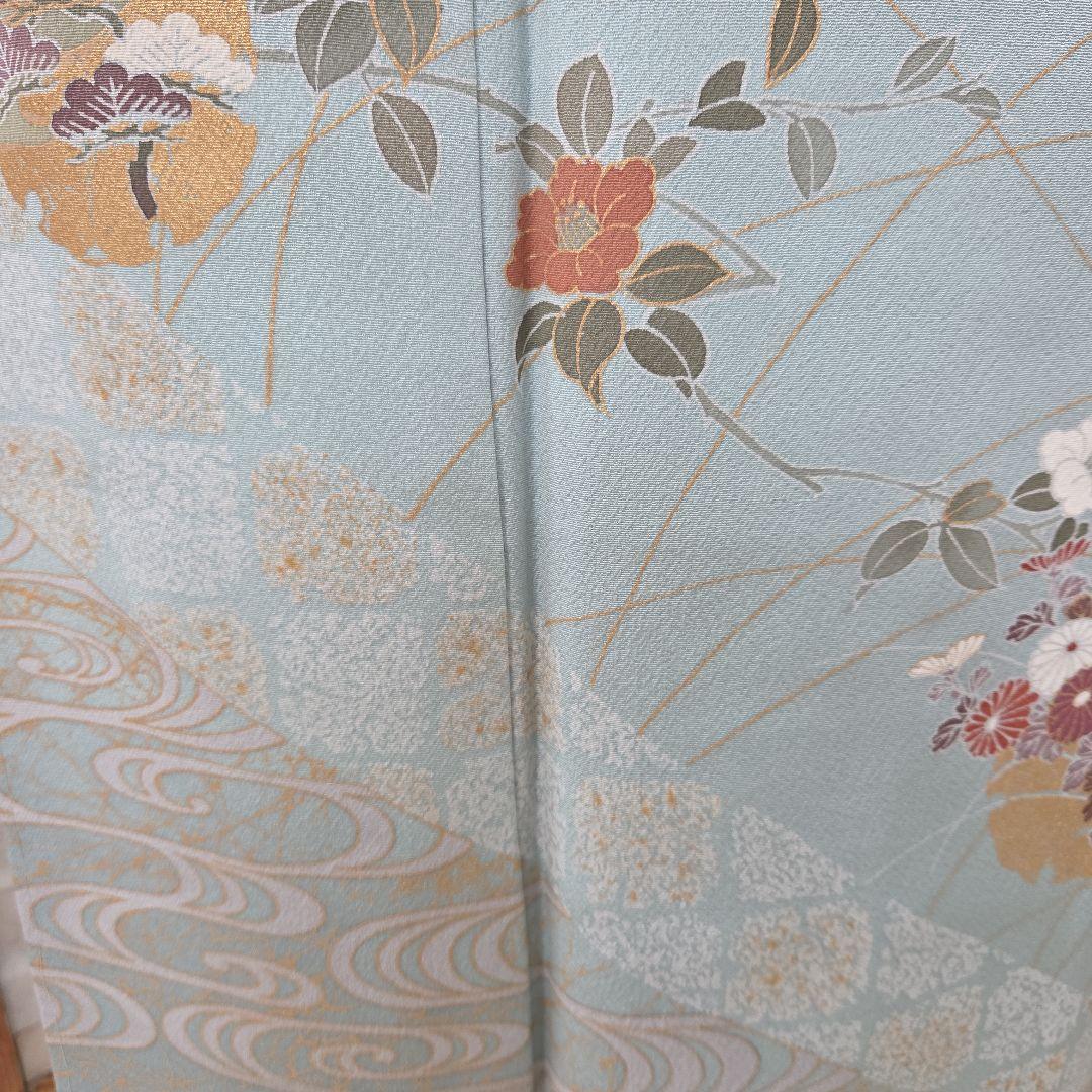 しつけ糸付き未使用水色訪問着4点フルセット、着物、袋帯、帯締め、帯揚げ