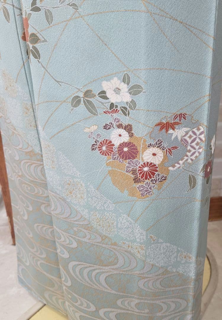 しつけ糸付き未使用水色訪問着4点フルセット、着物、袋帯、帯締め、帯揚げ