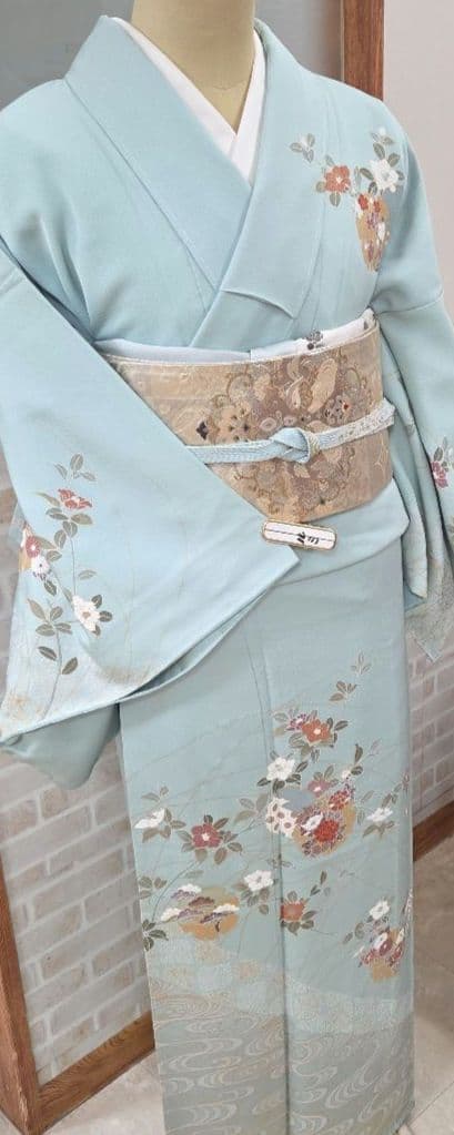 しつけ糸付き未使用水色訪問着4点フルセット、着物、袋帯、帯締め、帯揚げ