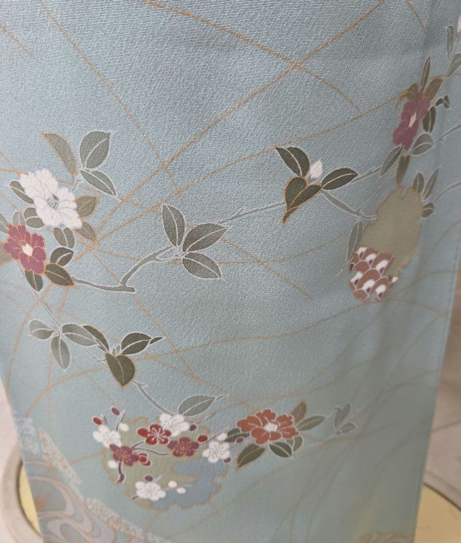 しつけ糸付き未使用水色訪問着4点フルセット、着物、袋帯、帯締め、帯揚げ