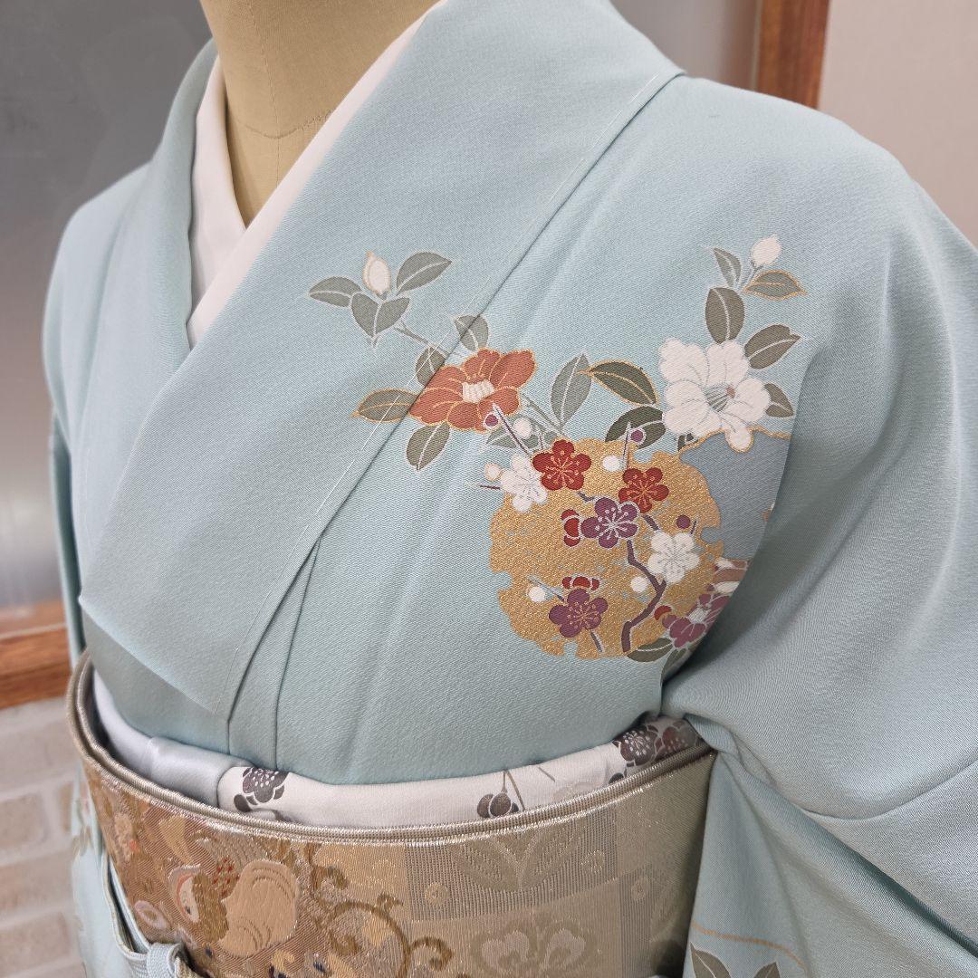 しつけ糸付き未使用水色訪問着4点フルセット、着物、袋帯、帯締め、帯揚げ