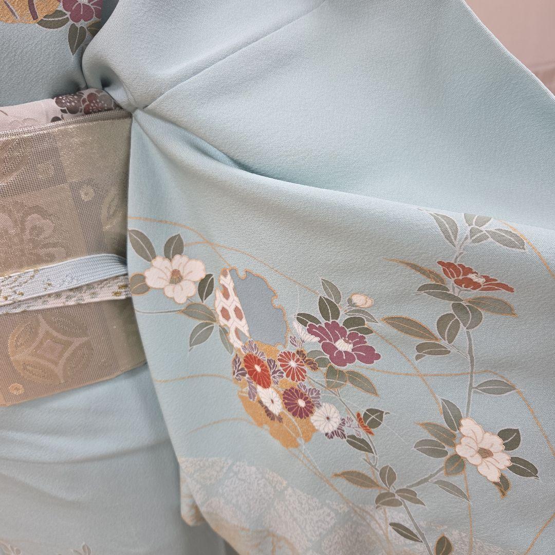 しつけ糸付き未使用水色訪問着4点フルセット、着物、袋帯、帯締め、帯揚げ