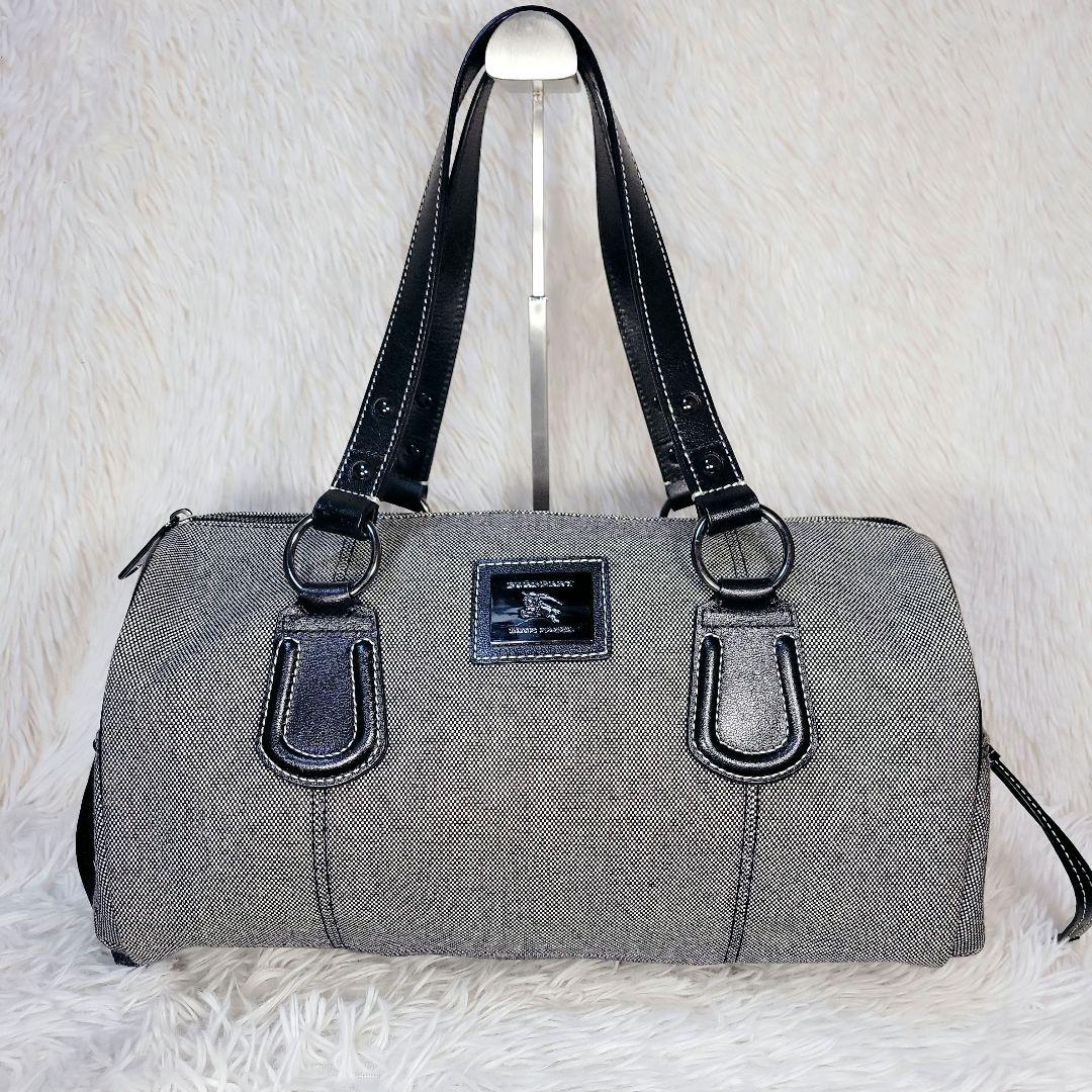 希少✨バーバリー ボストン ハンドバッグ　キャンバス レザー　ロゴプレート