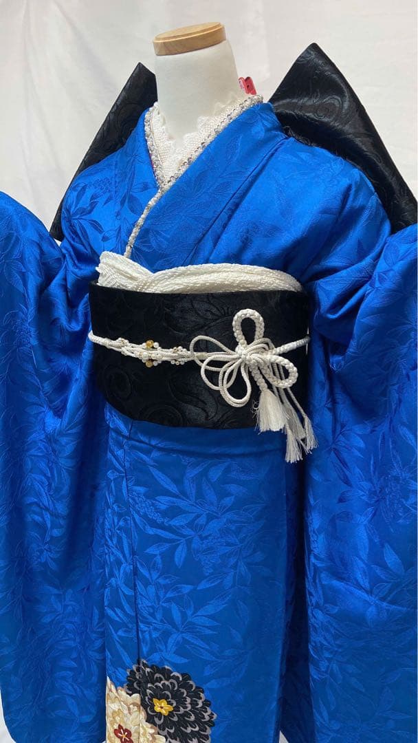青色の振袖 花柄刺繍 振袖 振袖フルセット 正絹 成人式　振袖7点セット