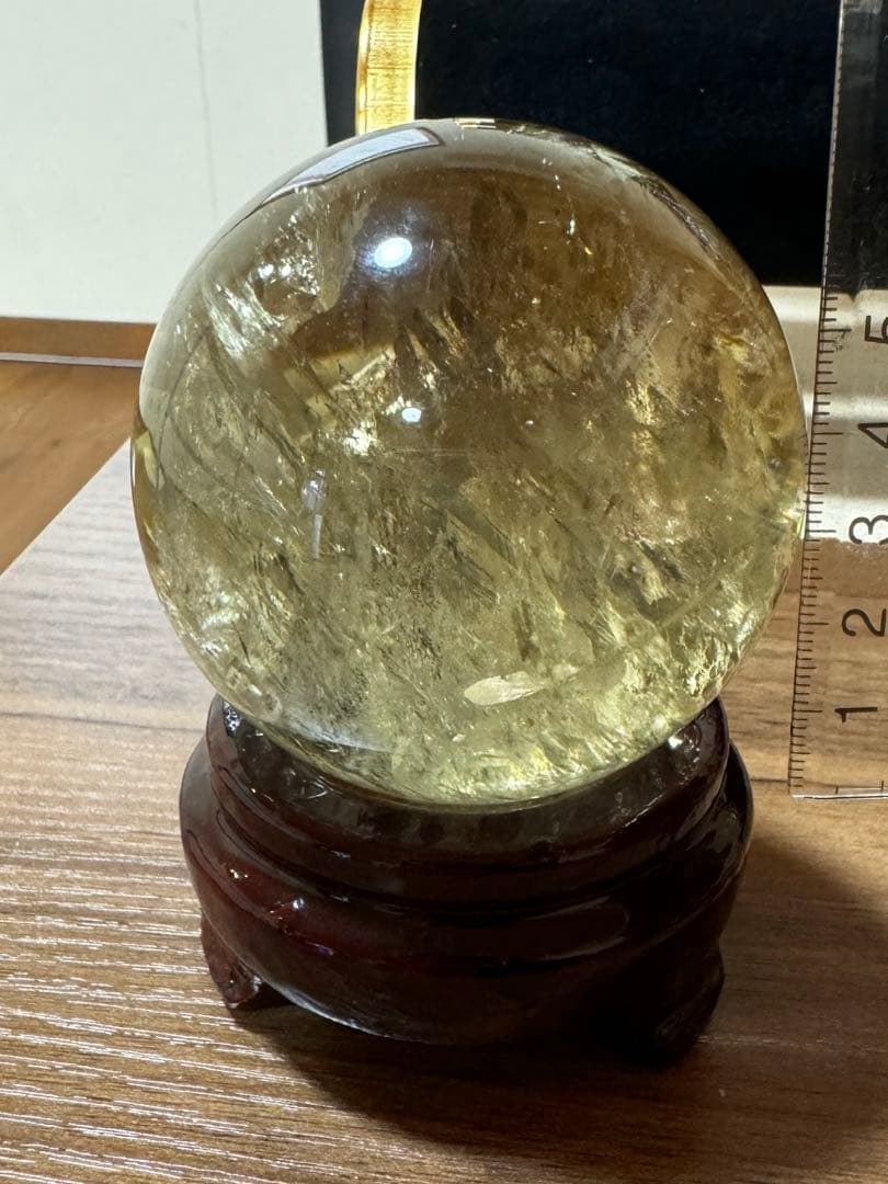 希少　特大　レインボー　シトリン　スフィア　爆虹あり　台付き　置物　約7cm