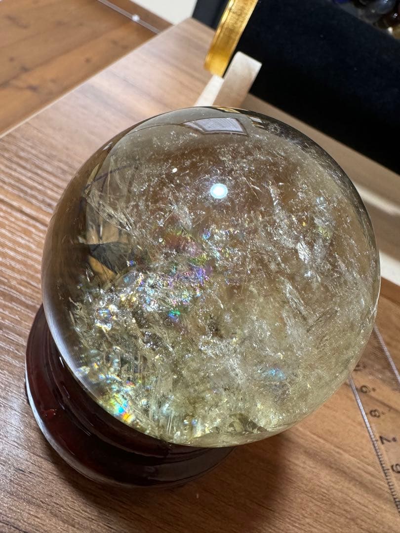 希少　特大　レインボー　シトリン　スフィア　爆虹あり　台付き　置物　約7cm