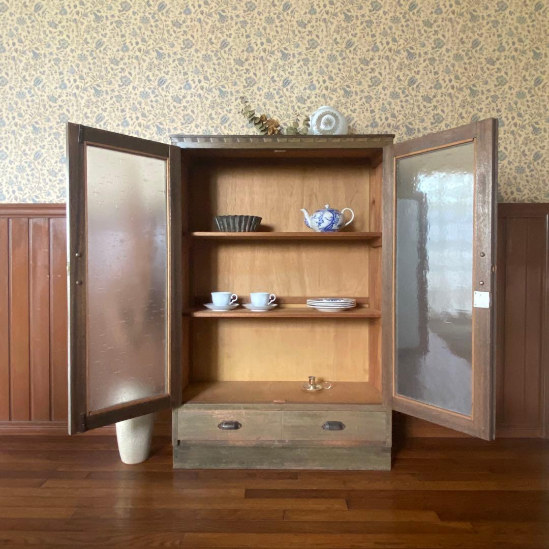 アンティーク家具　本棚　模様ガラス銀河　当時物　鍵付き