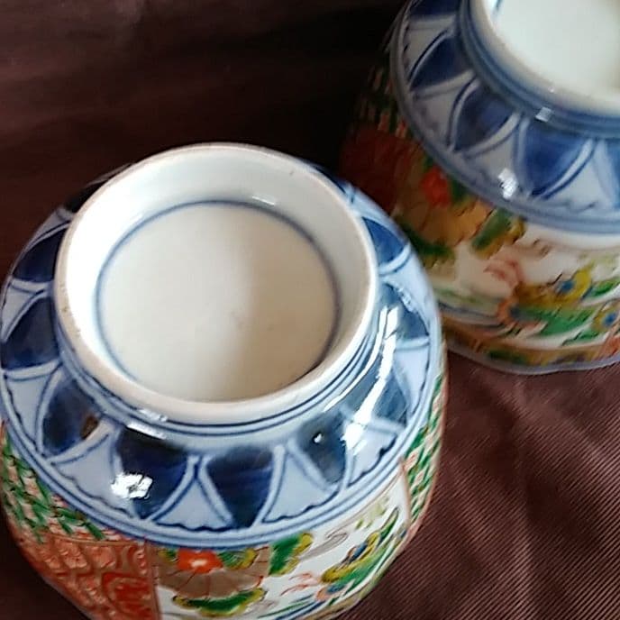 古伊万里 金彩 色絵 飛鳥唐文 輪花 蕎麦猪口 向付 2客セット 骨董アンティー