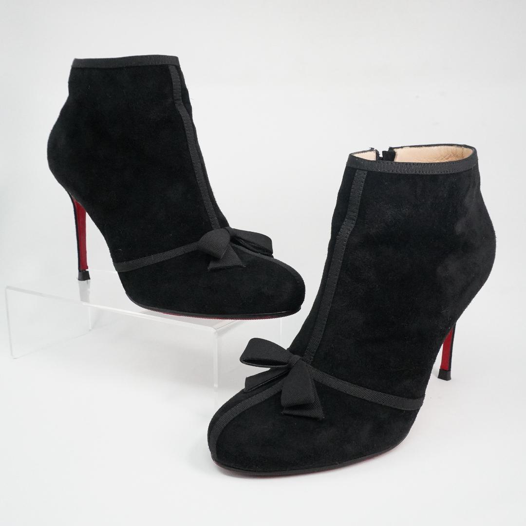 ルブタン 23cm 黒スエードリボン付きブーティ バレンタインデー最適