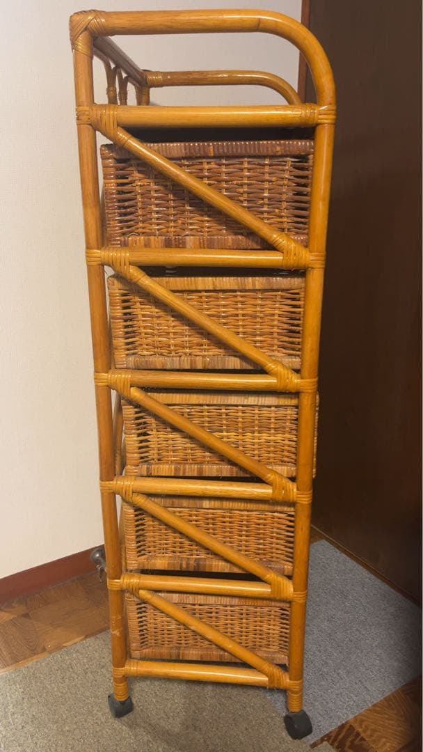 籐製 5段ラック収納ボックス アンティーク 送料元払い(直接引取-¥8,600)