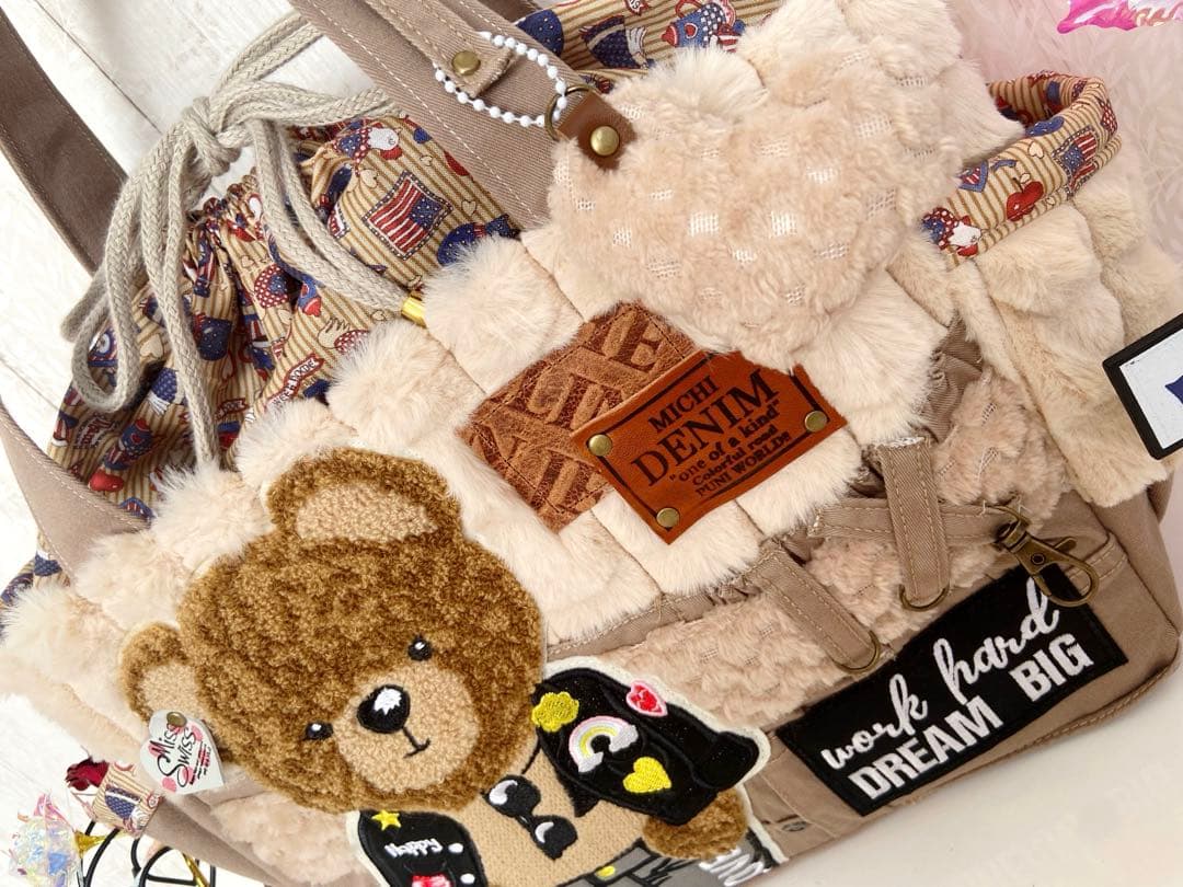 デニムリメイクバック　フワモコクマ