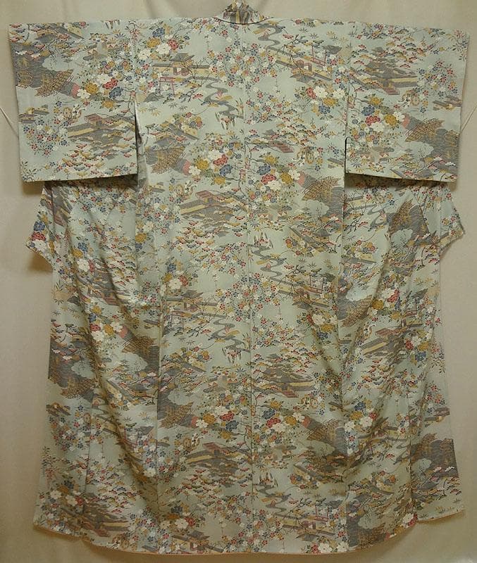 青緑色のぼかしに御所解模様　浜ちりめん　小紋