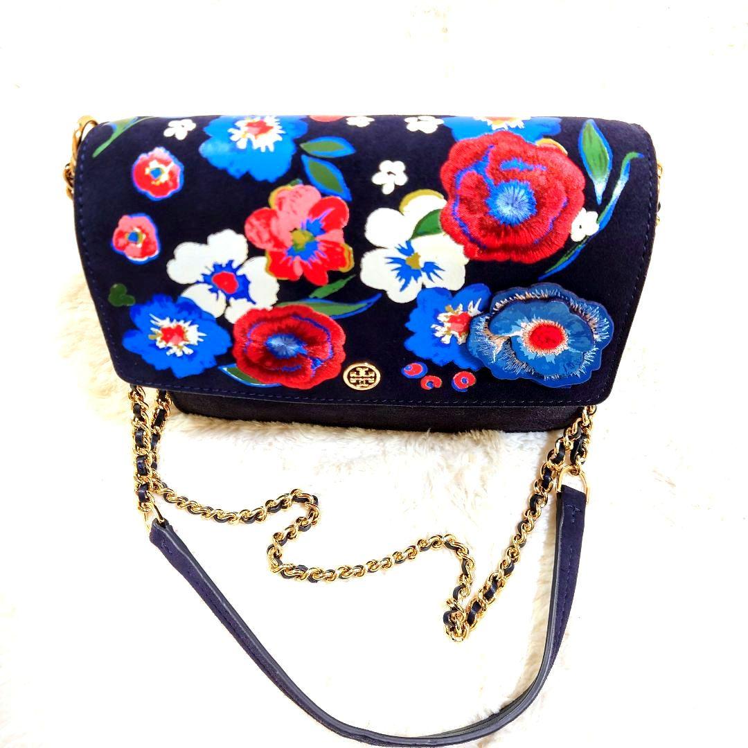 に*む様 トリーバーチ チェーンショルダーバッグ パーカー 刺繍 花柄 ネイビー