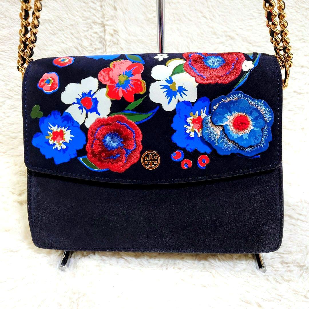 に*む様 トリーバーチ チェーンショルダーバッグ パーカー 刺繍 花柄 ネイビー