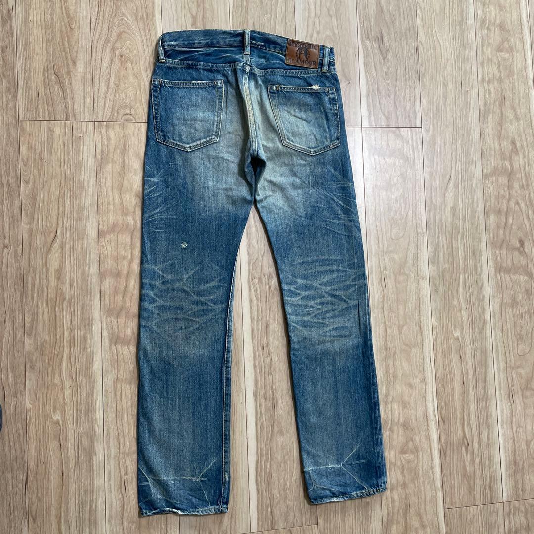 ヒステリックグラマー　ブルーストレートデニム ダメージ加工 スタッズ付き