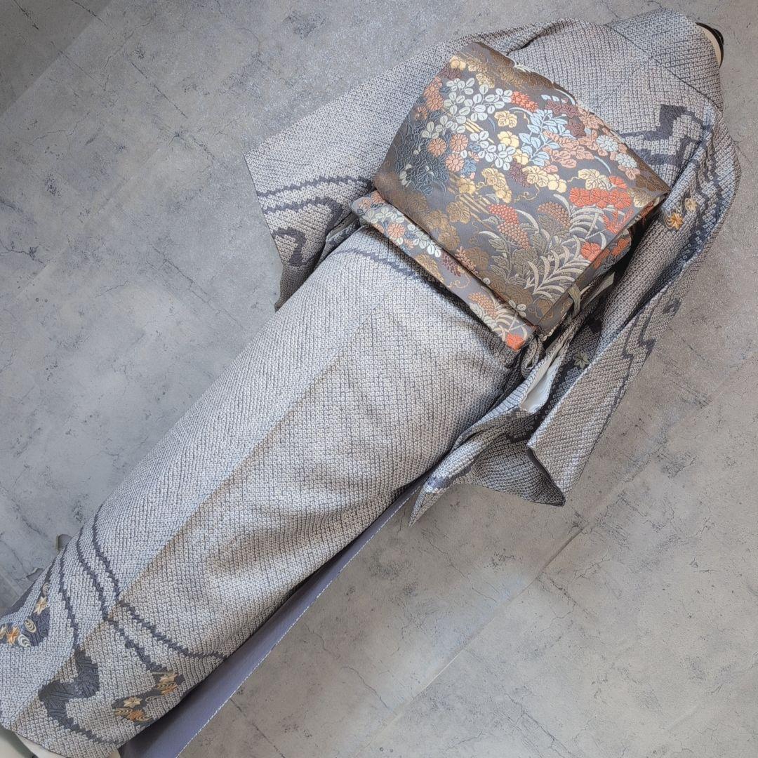 訪問着　フルセット　着物　正絹　総絞り　刺繍　紅葉　流水　水色　F2