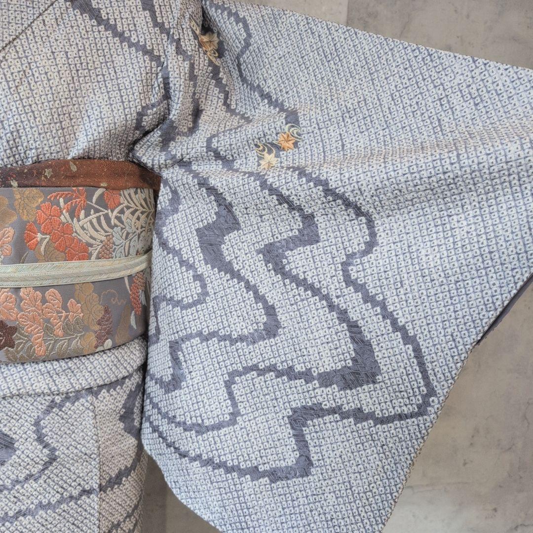 訪問着　フルセット　着物　正絹　総絞り　刺繍　紅葉　流水　水色　F2