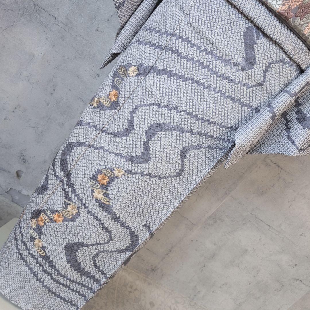 訪問着　フルセット　着物　正絹　総絞り　刺繍　紅葉　流水　水色　F2